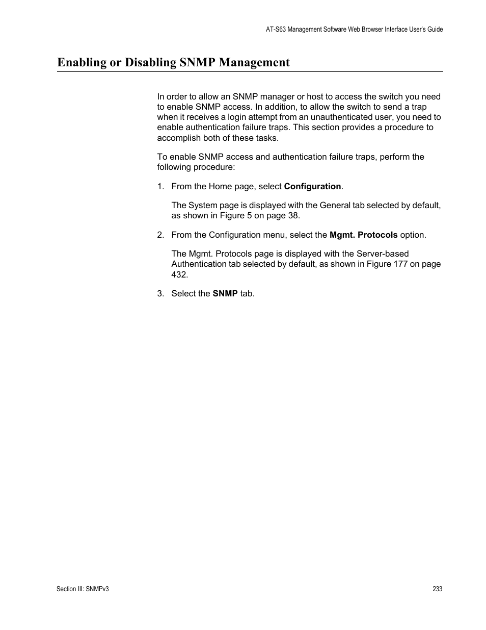 Enabling or disabling snmp management | Allied Telesis AT-S63 User Manual | Page 233 / 456
