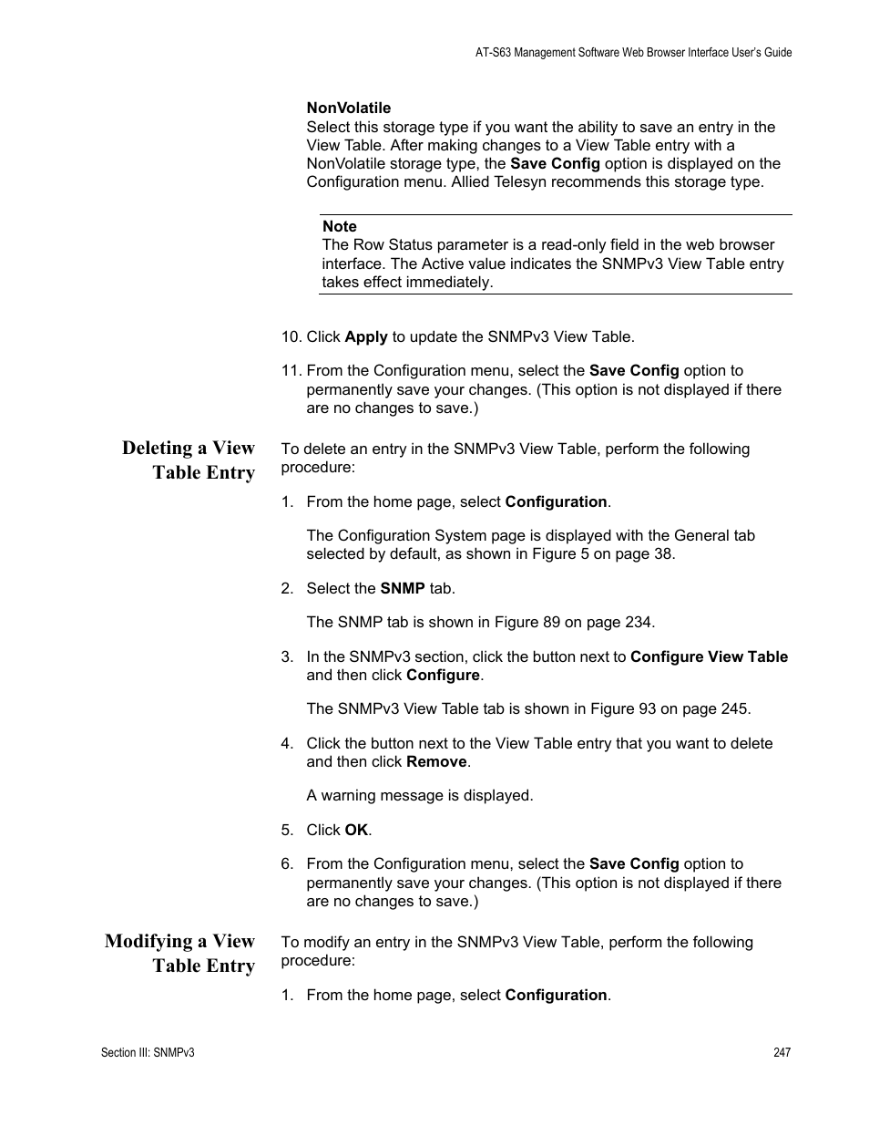 Deleting a view table entry, Modifying a view table entry | Allied Telesis AT-S63 User Manual | Page 247 / 456