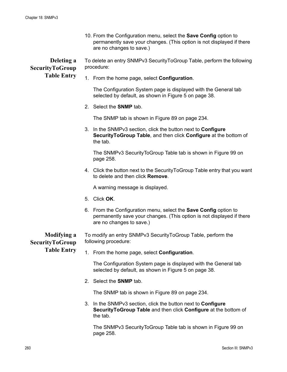 Deleting a securitytogroup table entry, Modifying a securitytogroup table entry | Allied Telesis AT-S63 User Manual | Page 260 / 456