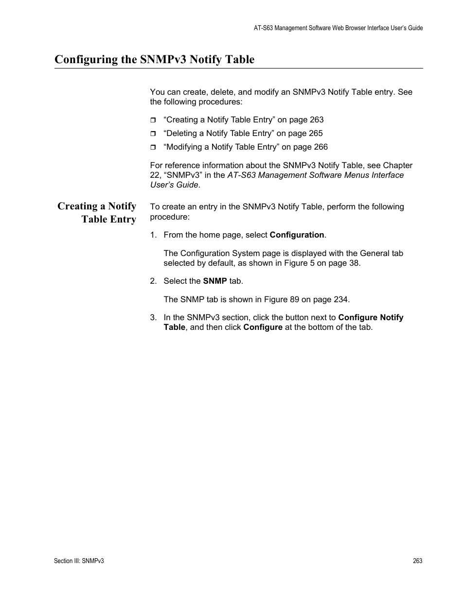 Configuring the snmpv3 notify table, Creating a notify table entry | Allied Telesis AT-S63 User Manual | Page 263 / 456