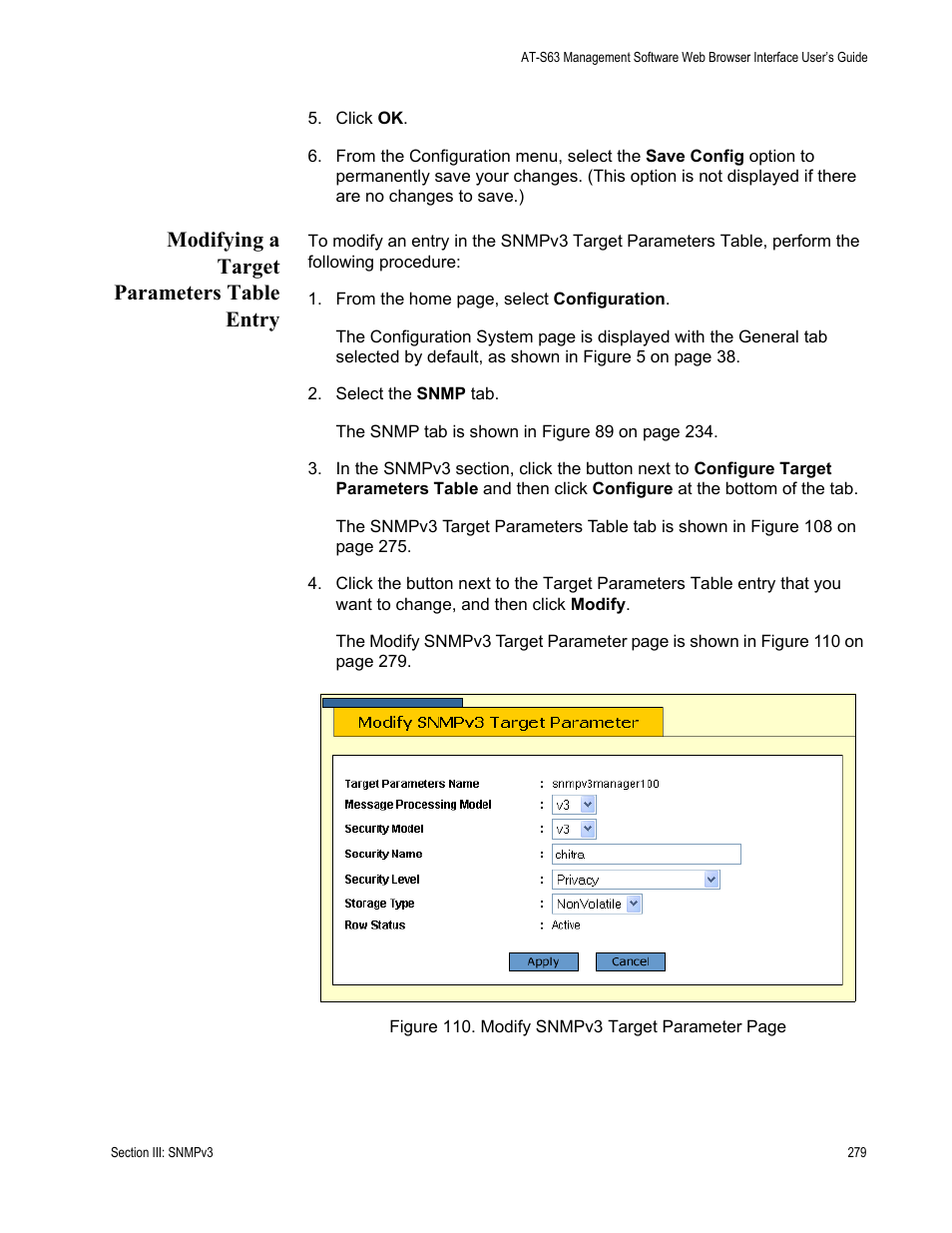 Modifying a target parameters table entry | Allied Telesis AT-S63 User Manual | Page 279 / 456
