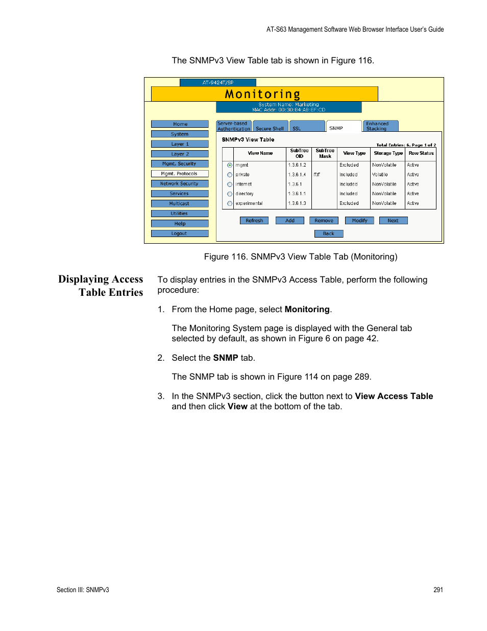 Displaying access table entries, Figure 116: snmpv3 view table tab (monitoring) | Allied Telesis AT-S63 User Manual | Page 291 / 456