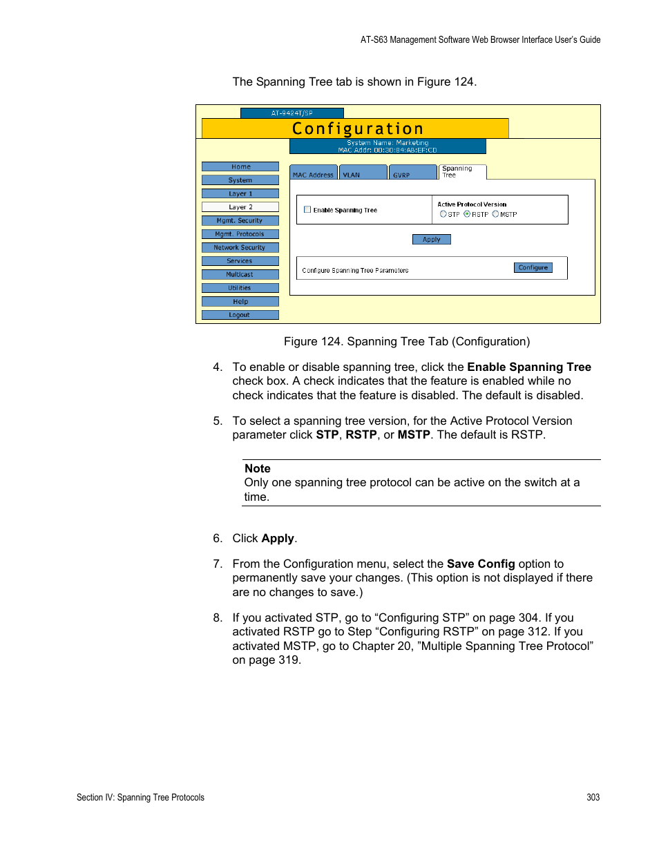 Figure 124: spanning tree tab (configuration) | Allied Telesis AT-S63 User Manual | Page 303 / 456