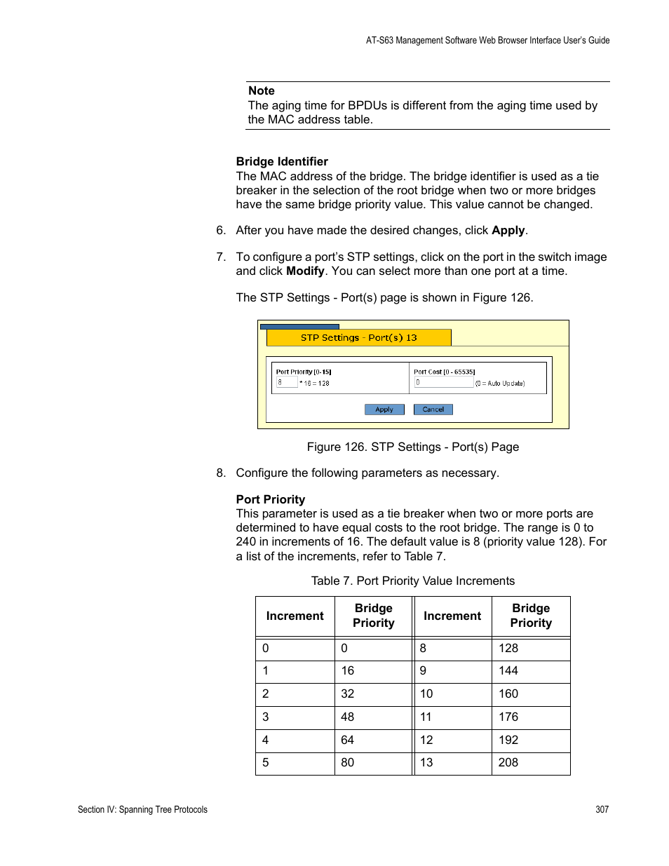 Table 8: port priority value increments | Allied Telesis AT-S63 User Manual | Page 307 / 456