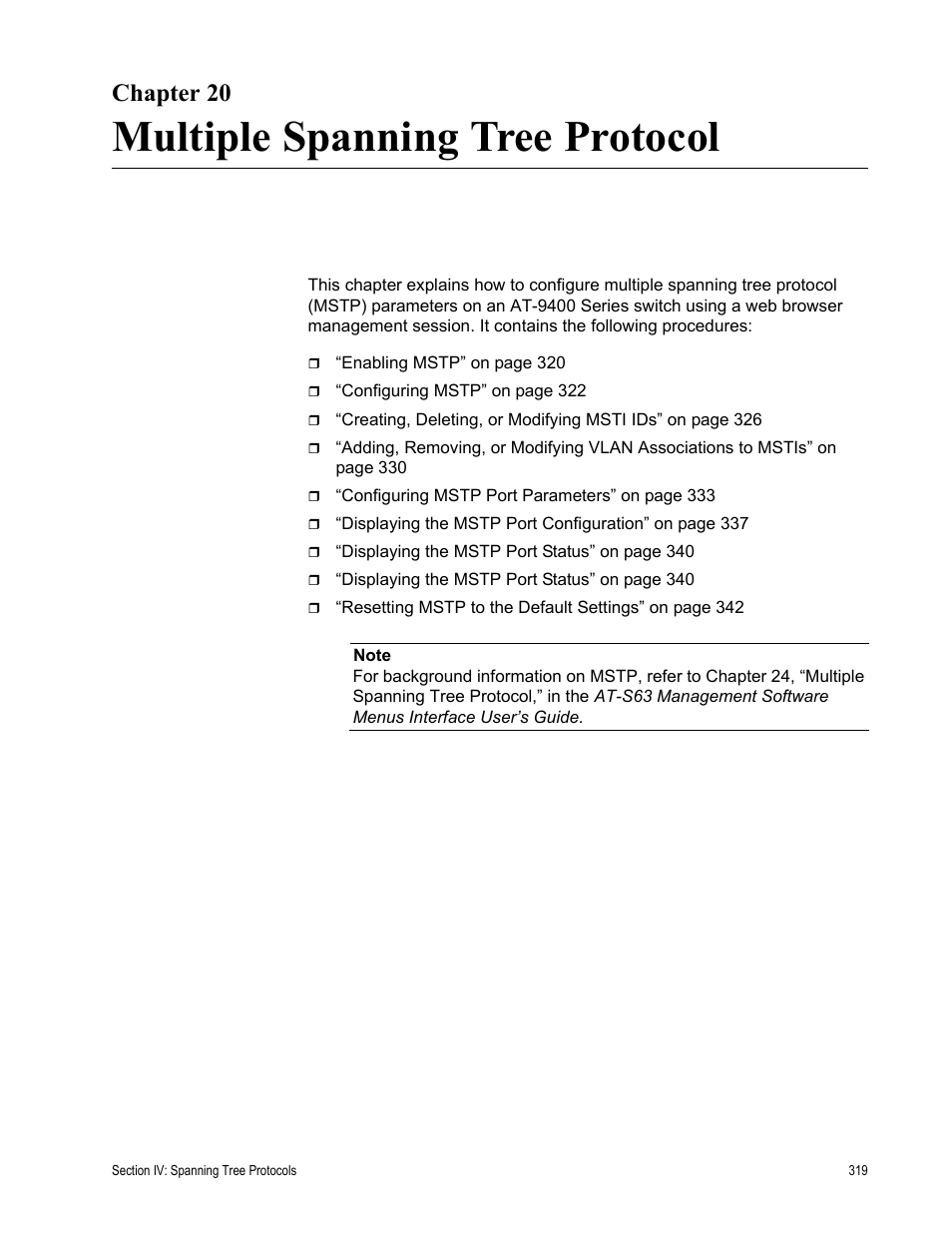Chapter 20, Multiple spanning tree protocol, Chapter 20: multiple spanning tree protocol | Allied Telesis AT-S63 User Manual | Page 319 / 456