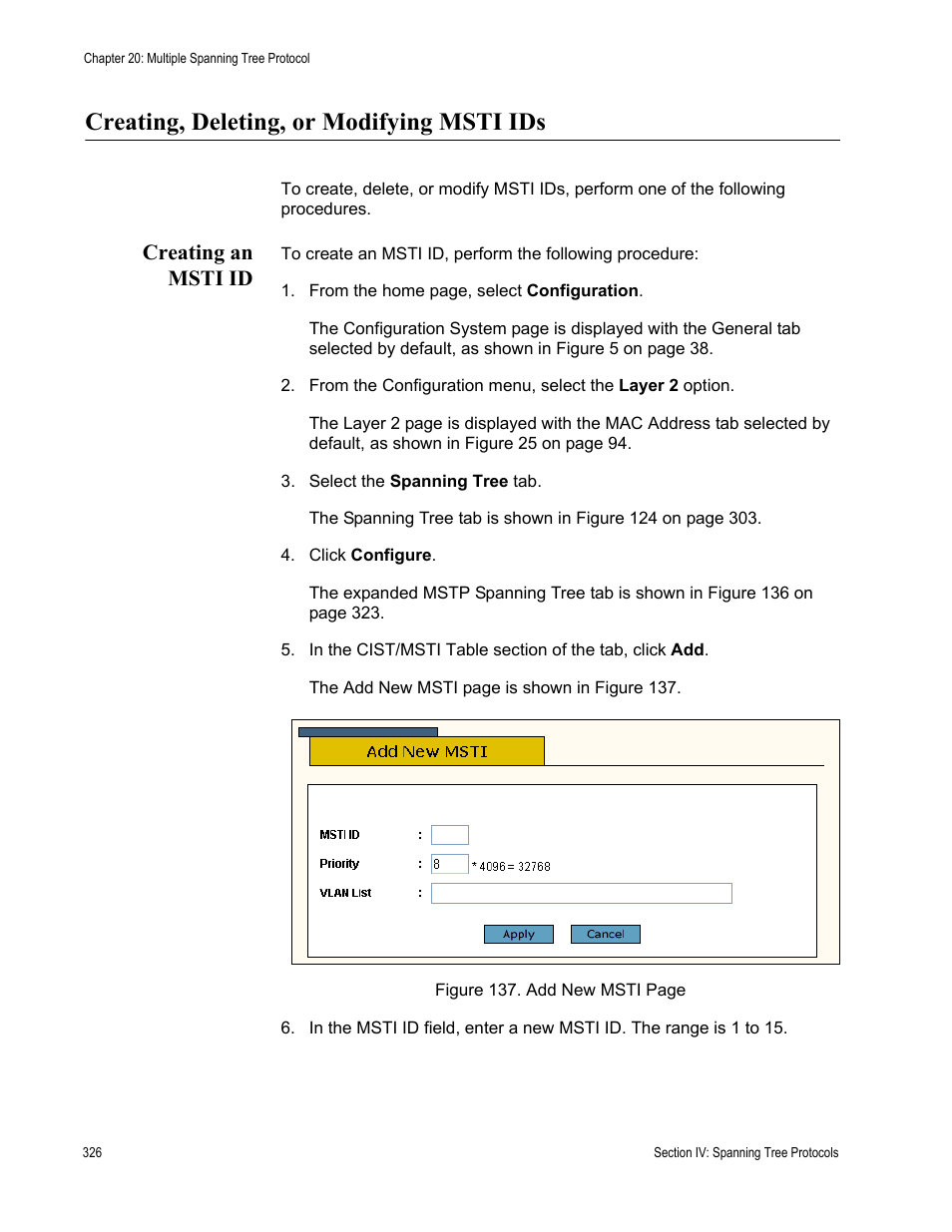 Creating, deleting, or modifying msti ids, Creating an msti id | Allied Telesis AT-S63 User Manual | Page 326 / 456