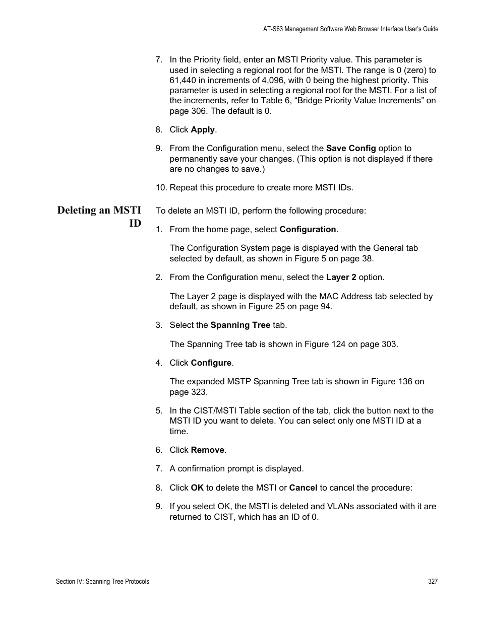 Deleting an msti id | Allied Telesis AT-S63 User Manual | Page 327 / 456