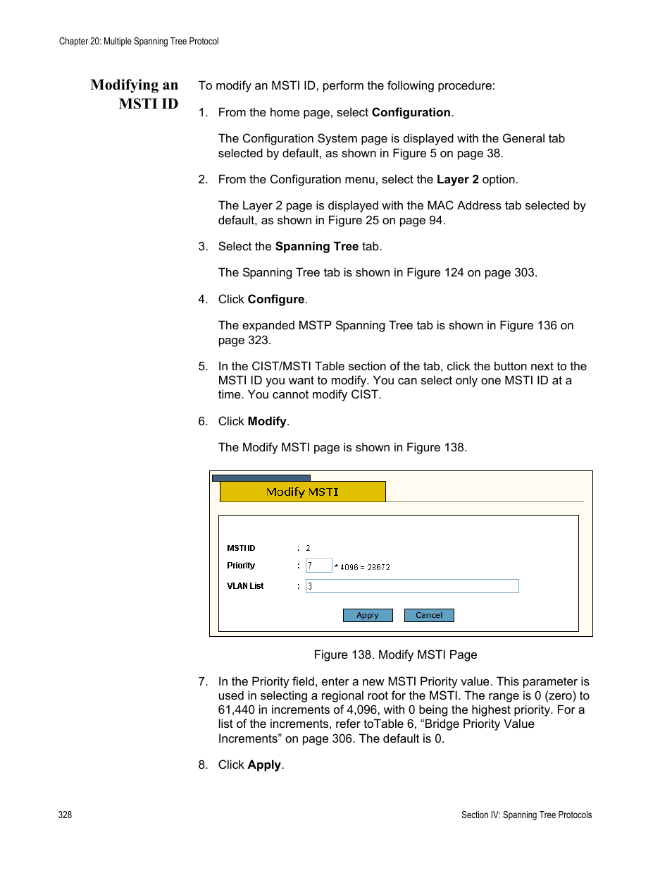 Modifying an msti id | Allied Telesis AT-S63 User Manual | Page 328 / 456