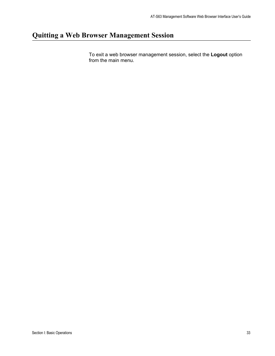 Quitting a web browser management session | Allied Telesis AT-S63 User Manual | Page 33 / 456