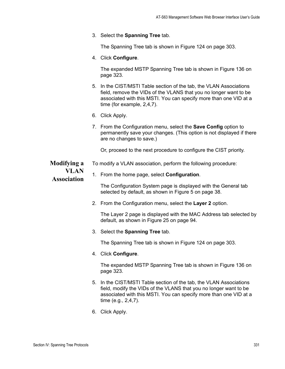 Modifying a vlan association | Allied Telesis AT-S63 User Manual | Page 331 / 456