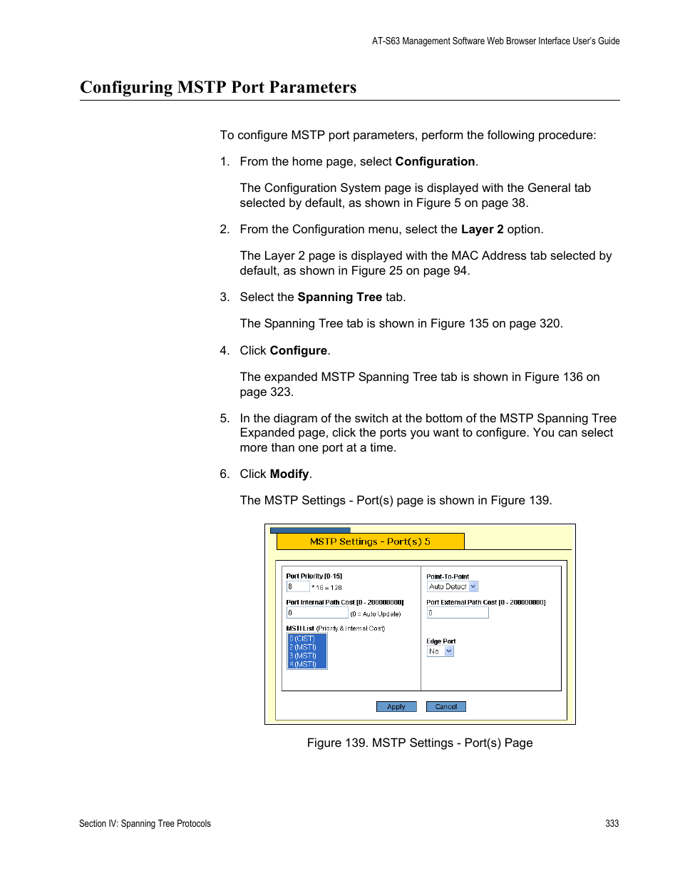 Configuring mstp port parameters | Allied Telesis AT-S63 User Manual | Page 333 / 456