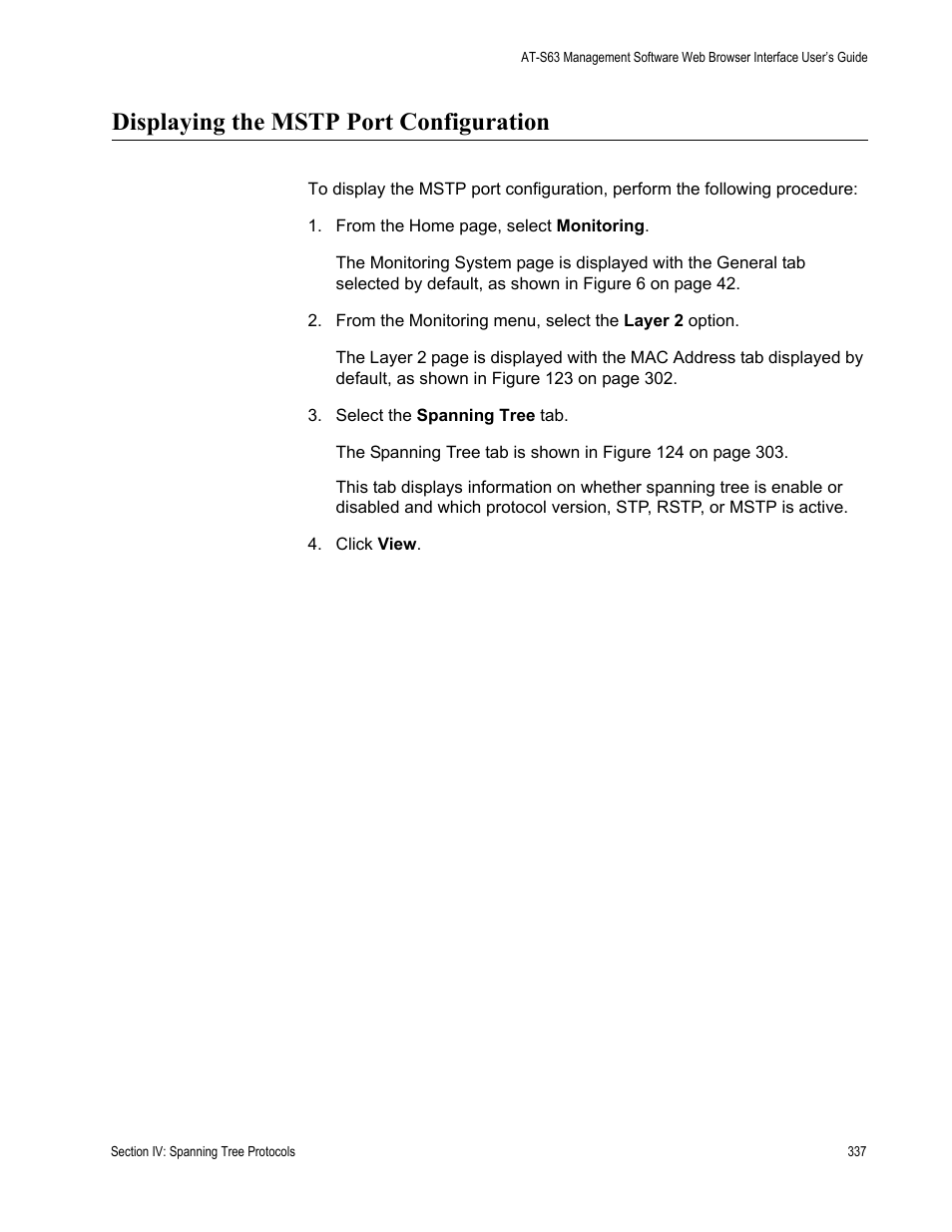 Displaying the mstp port configuration | Allied Telesis AT-S63 User Manual | Page 337 / 456