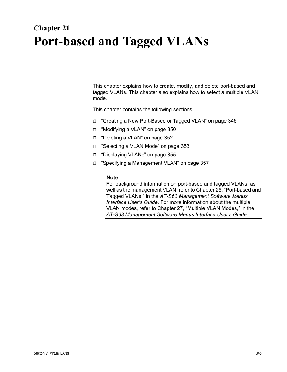 Chapter 21, Port-based and tagged vlans, Chapter 21: port-based and tagged vlans | Allied Telesis AT-S63 User Manual | Page 345 / 456