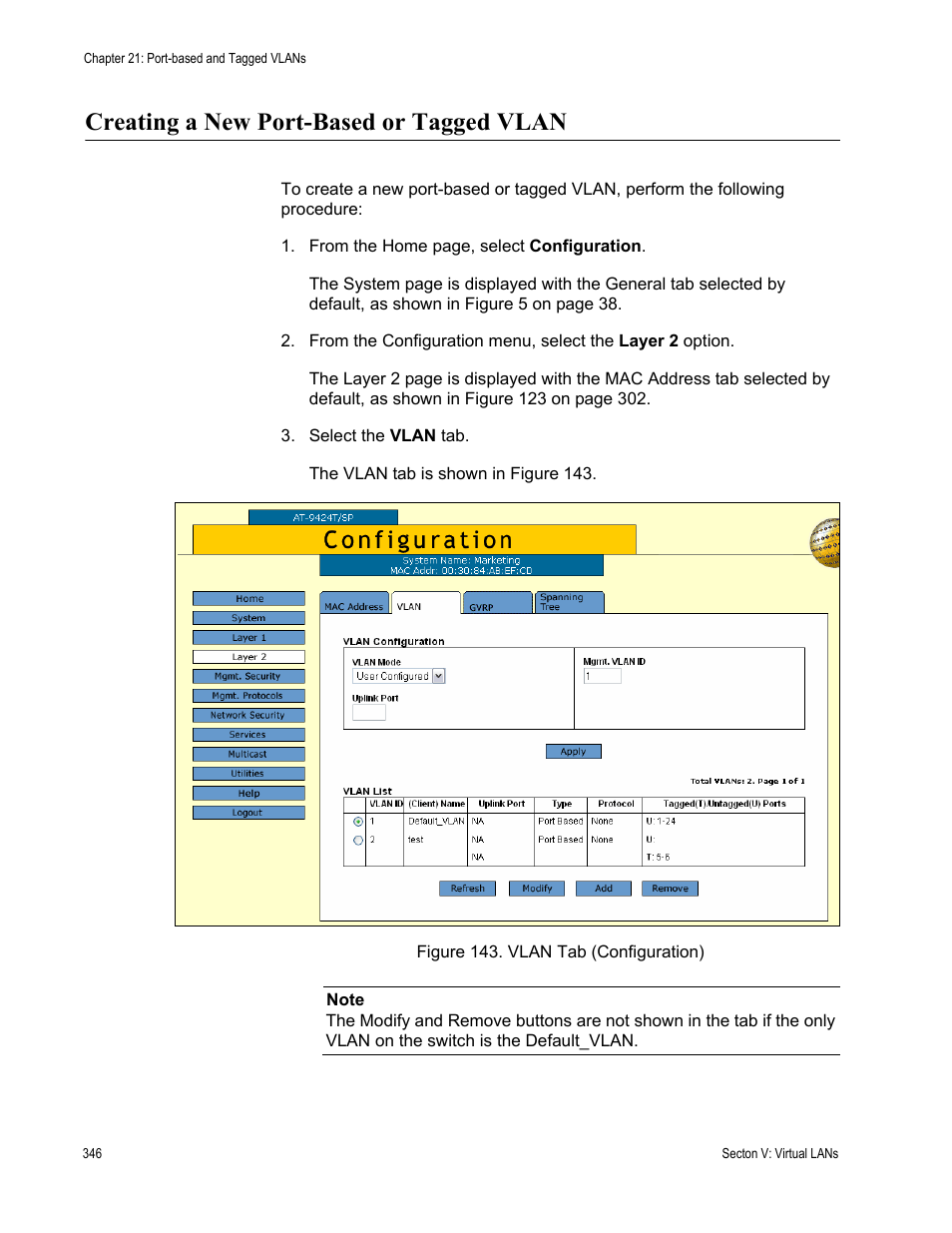 Creating a new port-based or tagged vlan, Figure 143: vlan tab (configuration) | Allied Telesis AT-S63 User Manual | Page 346 / 456