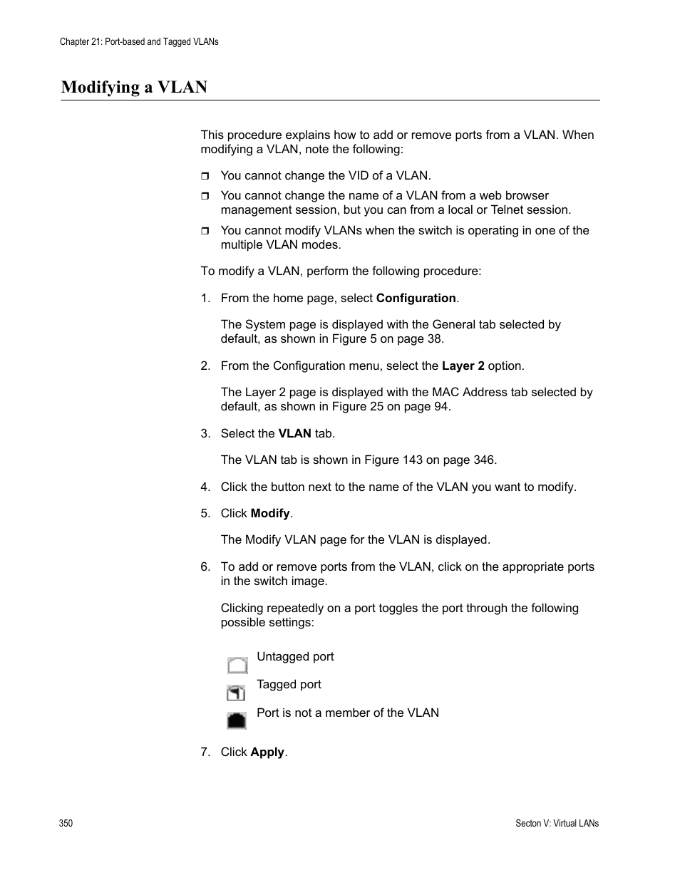 Modifying a vlan | Allied Telesis AT-S63 User Manual | Page 350 / 456
