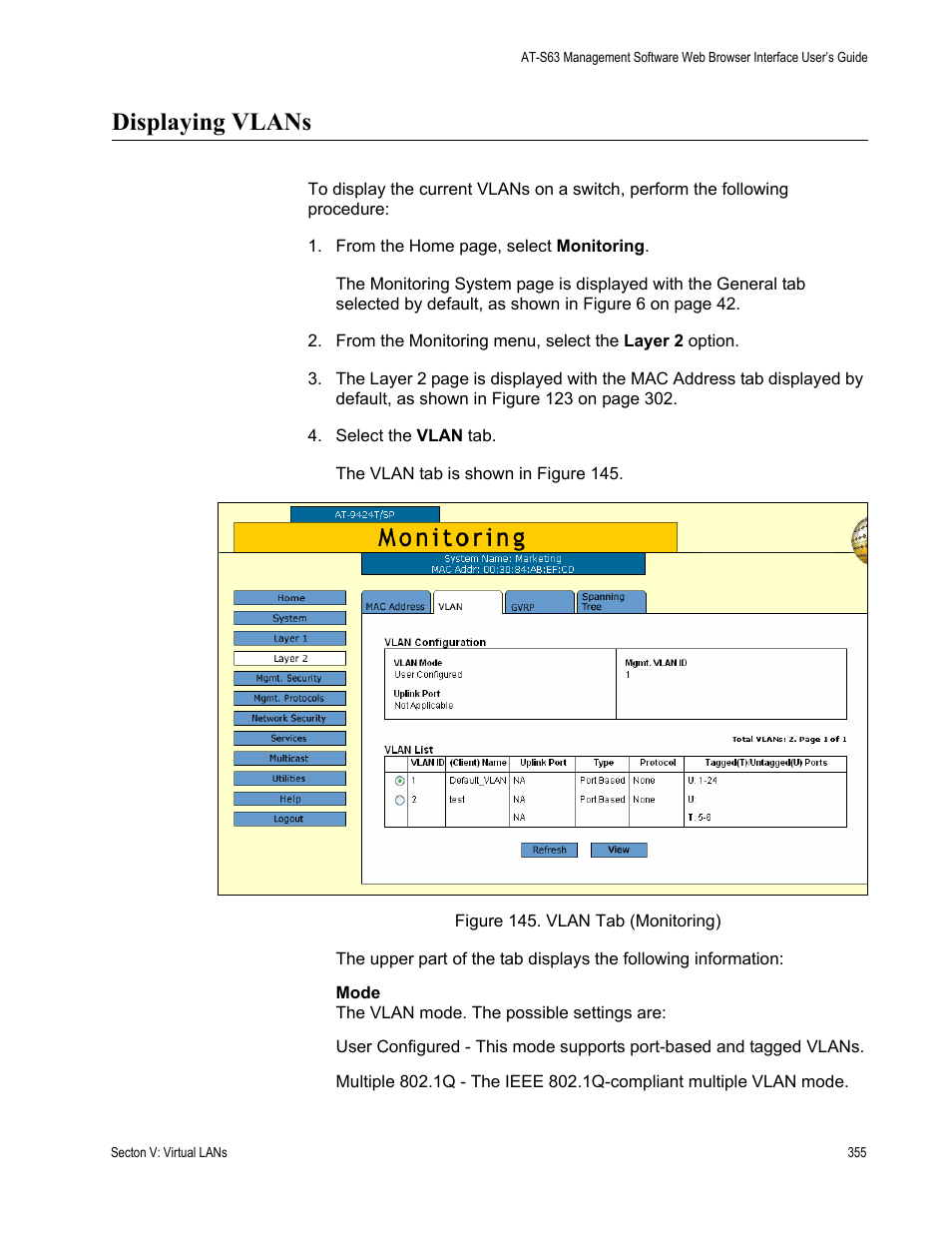 Displaying vlans, Figure 145: vlan tab (monitoring) | Allied Telesis AT-S63 User Manual | Page 355 / 456
