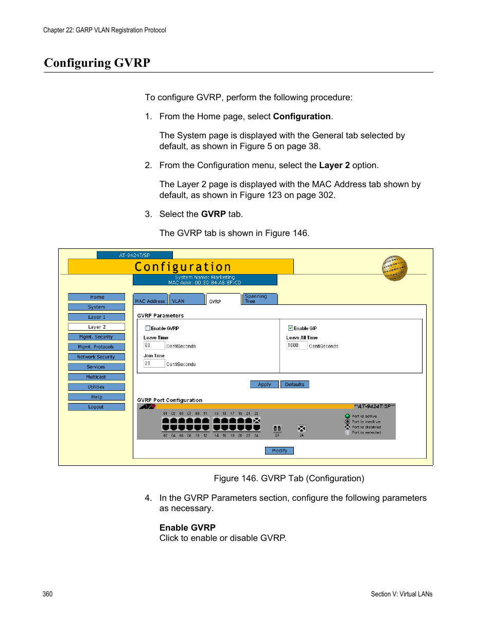 Configuring gvrp, Figure 146: gvrp tab (configuration) | Allied Telesis AT-S63 User Manual | Page 360 / 456