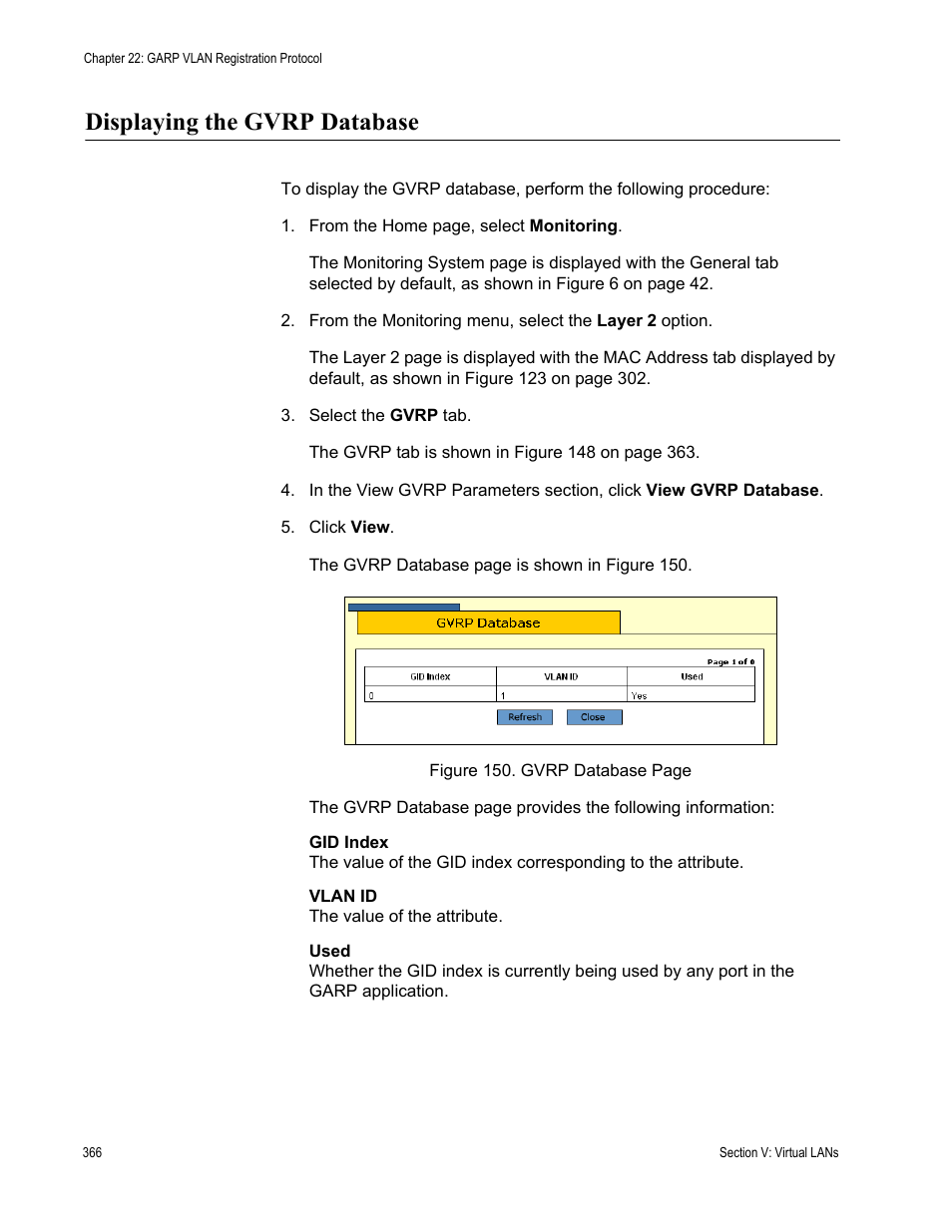 Displaying the gvrp database | Allied Telesis AT-S63 User Manual | Page 366 / 456