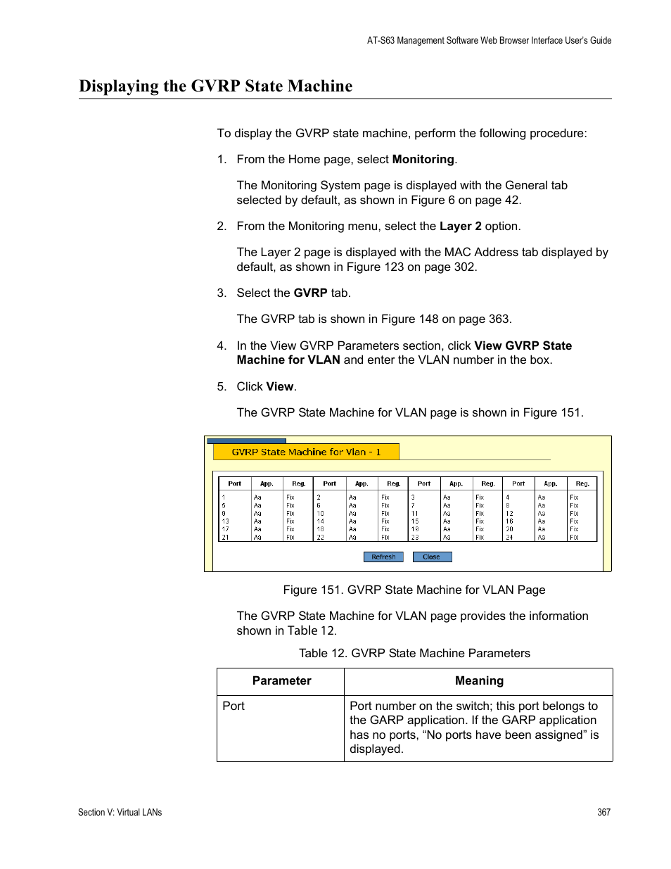 Displaying the gvrp state machine, Table 13: gvrp state machine parameters | Allied Telesis AT-S63 User Manual | Page 367 / 456