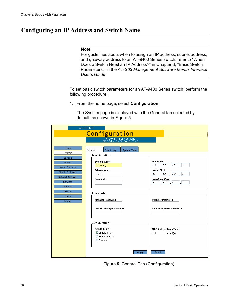 Configuring an ip address and switch name, Figure 5: general tab (configuration) | Allied Telesis AT-S63 User Manual | Page 38 / 456
