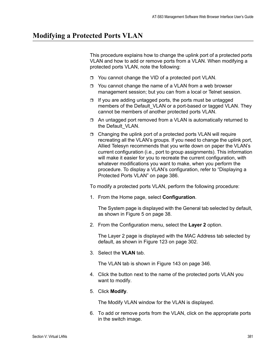 Modifying a protected ports vlan | Allied Telesis AT-S63 User Manual | Page 381 / 456