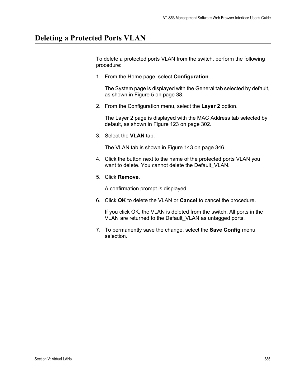 Deleting a protected ports vlan | Allied Telesis AT-S63 User Manual | Page 385 / 456