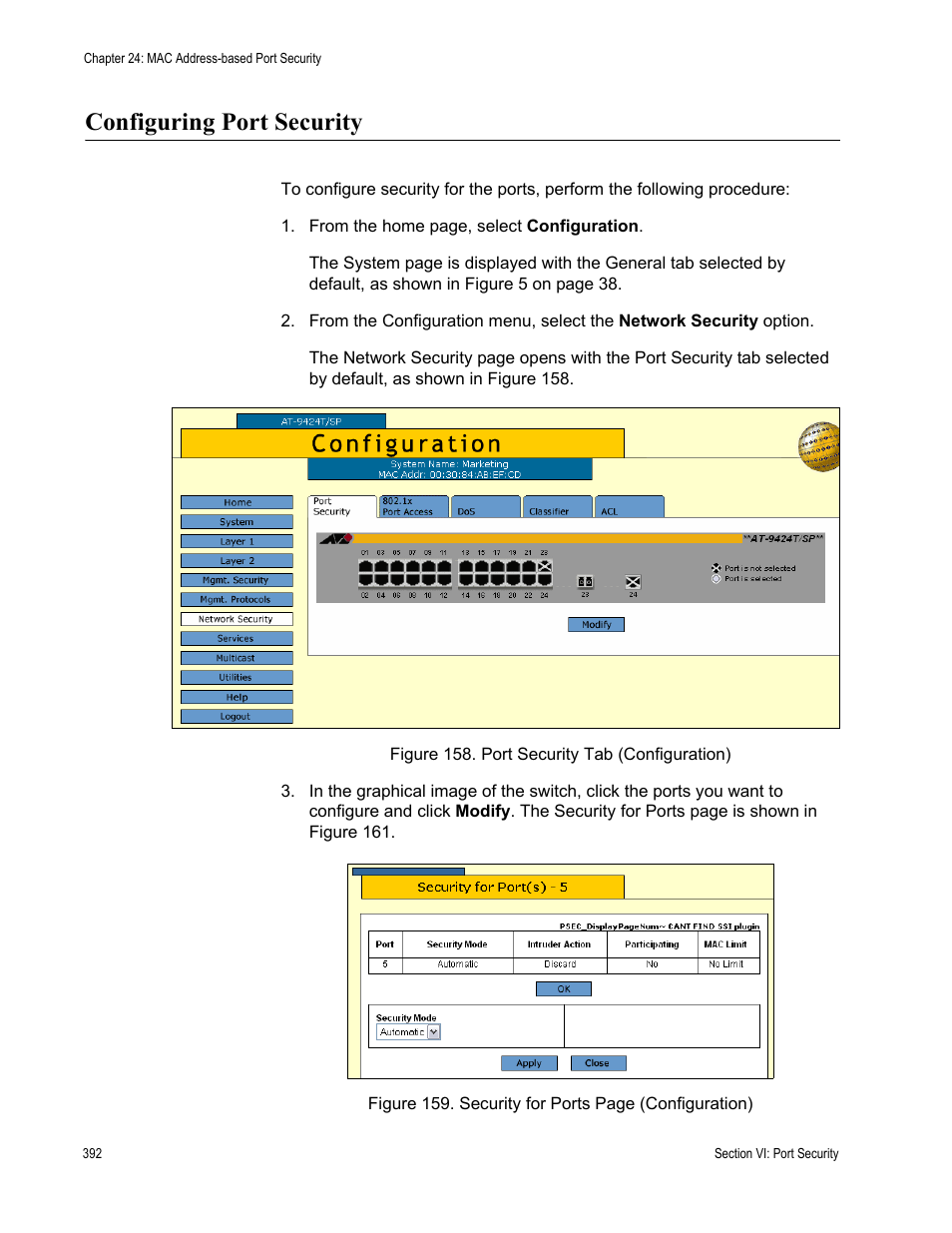 Configuring port security | Allied Telesis AT-S63 User Manual | Page 392 / 456