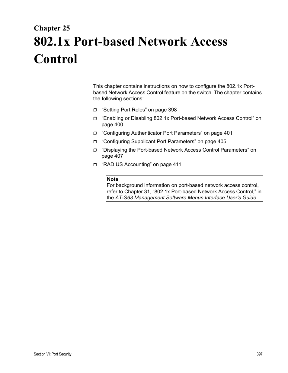 Chapter 25, 1x port-based network access control | Allied Telesis AT-S63 User Manual | Page 397 / 456