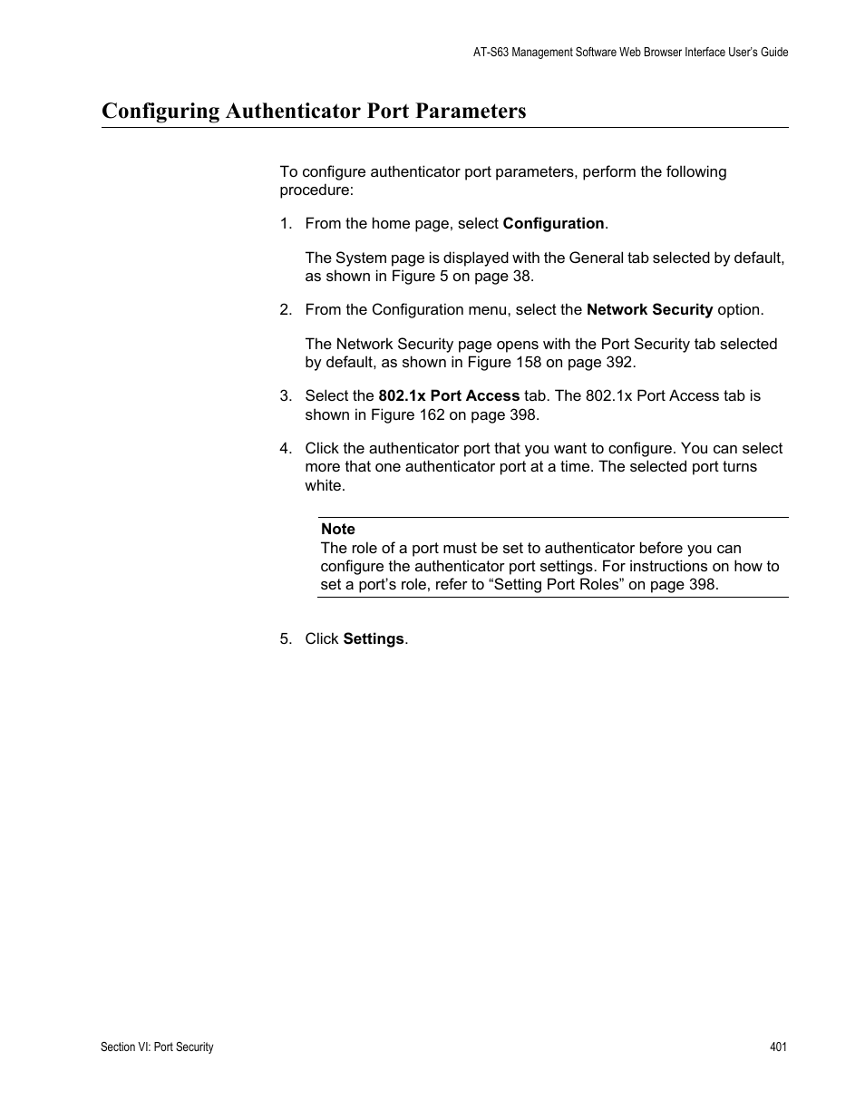 Configuring authenticator port parameters | Allied Telesis AT-S63 User Manual | Page 401 / 456