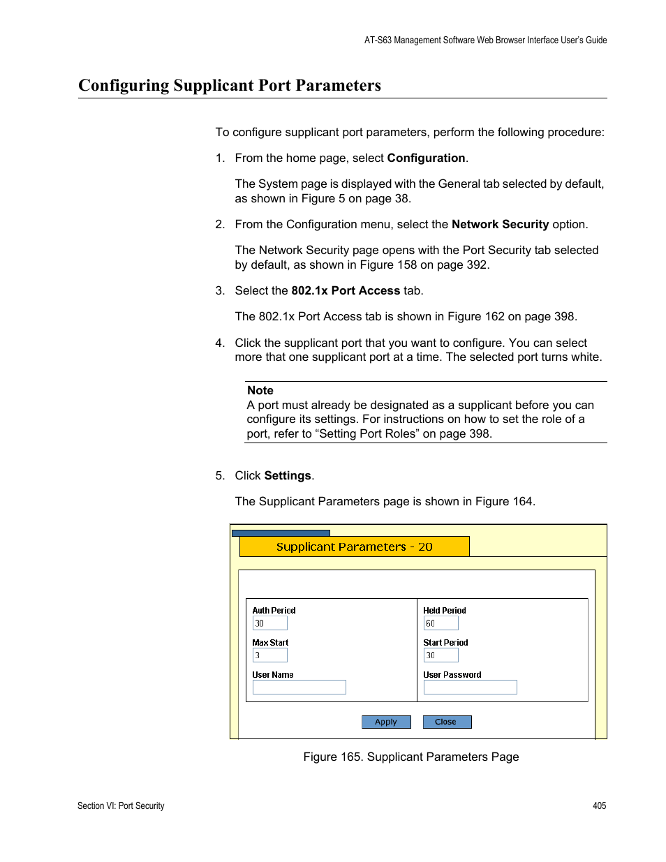 Configuring supplicant port parameters | Allied Telesis AT-S63 User Manual | Page 405 / 456