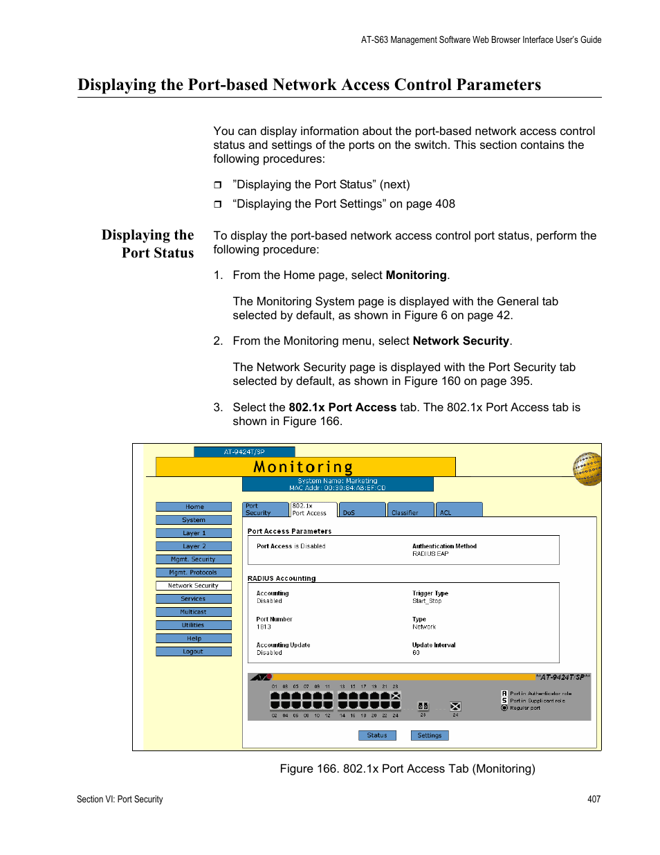 Displaying the port status, Figure 166: 802.1x port access tab (monitoring) | Allied Telesis AT-S63 User Manual | Page 407 / 456
