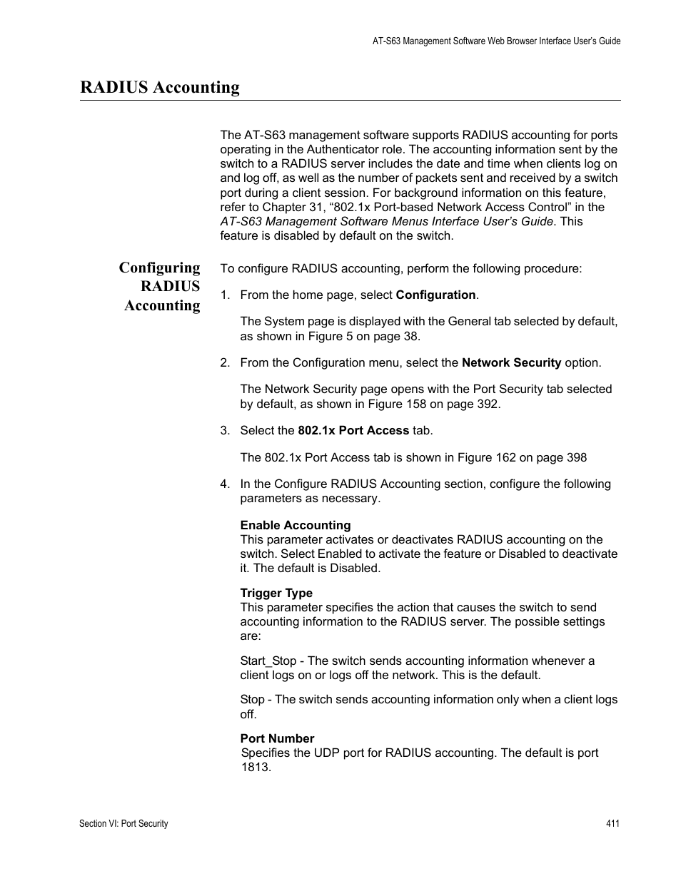 Radius accounting, Configuring radius accounting | Allied Telesis AT-S63 User Manual | Page 411 / 456