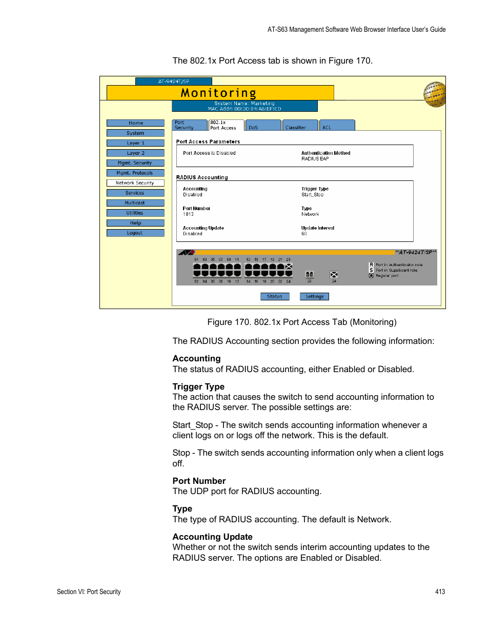 Figure 170: 802.1x port access tab (monitoring) | Allied Telesis AT-S63 User Manual | Page 413 / 456