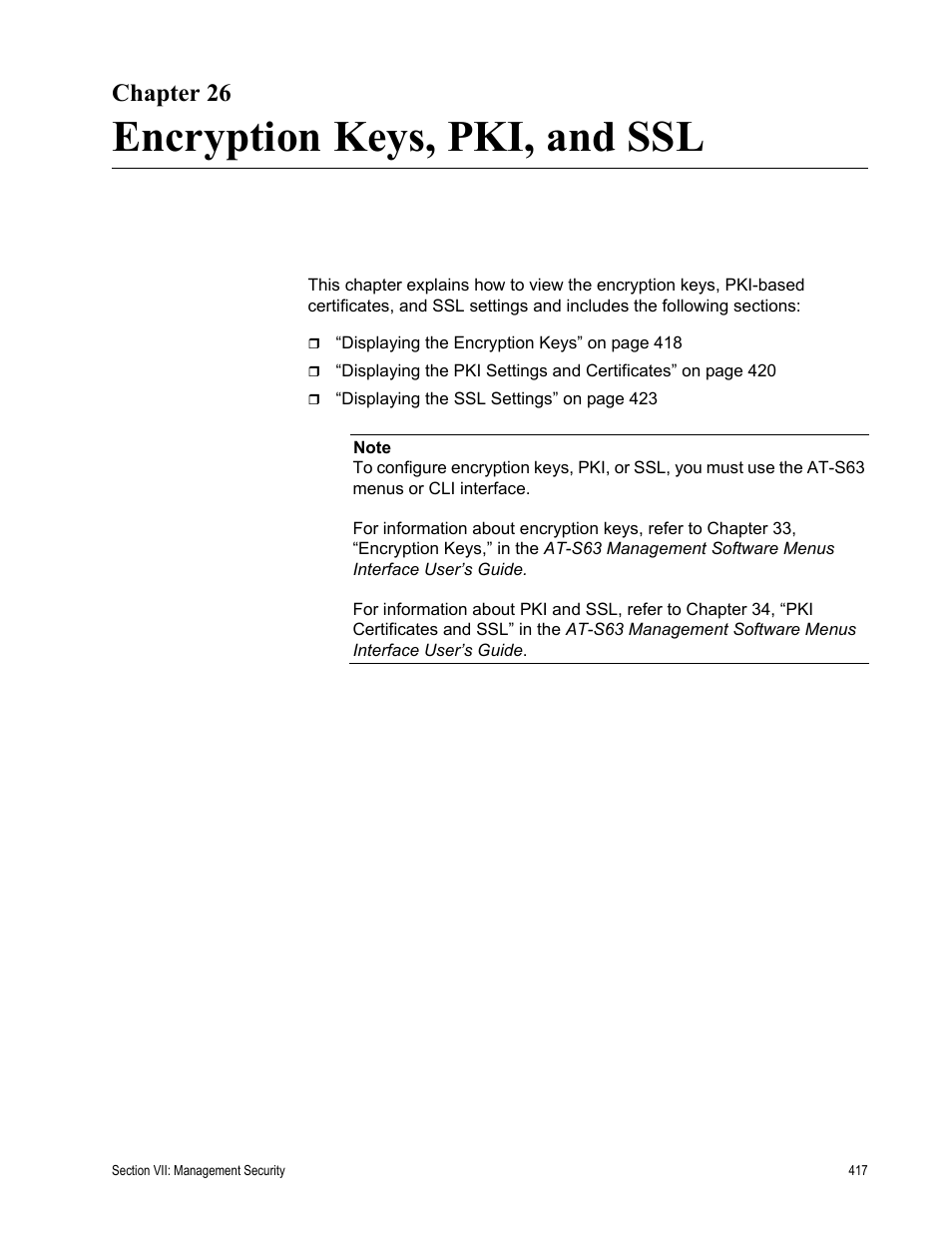 Chapter 26, Encryption keys, pki, and ssl, Chapter 26: encryption keys, pki, and ssl | Allied Telesis AT-S63 User Manual | Page 417 / 456