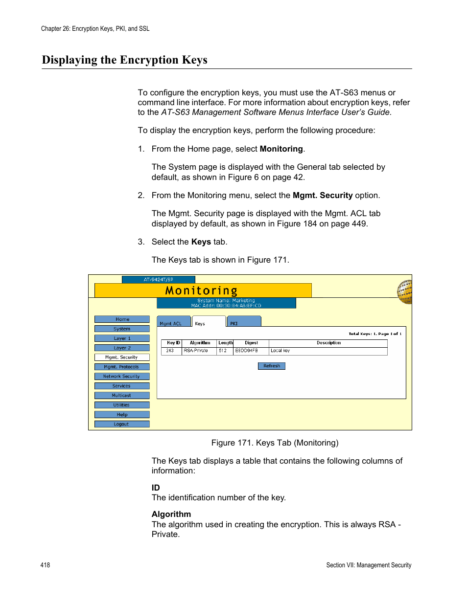 Displaying the encryption keys, Figure 171: keys tab (monitoring) | Allied Telesis AT-S63 User Manual | Page 418 / 456