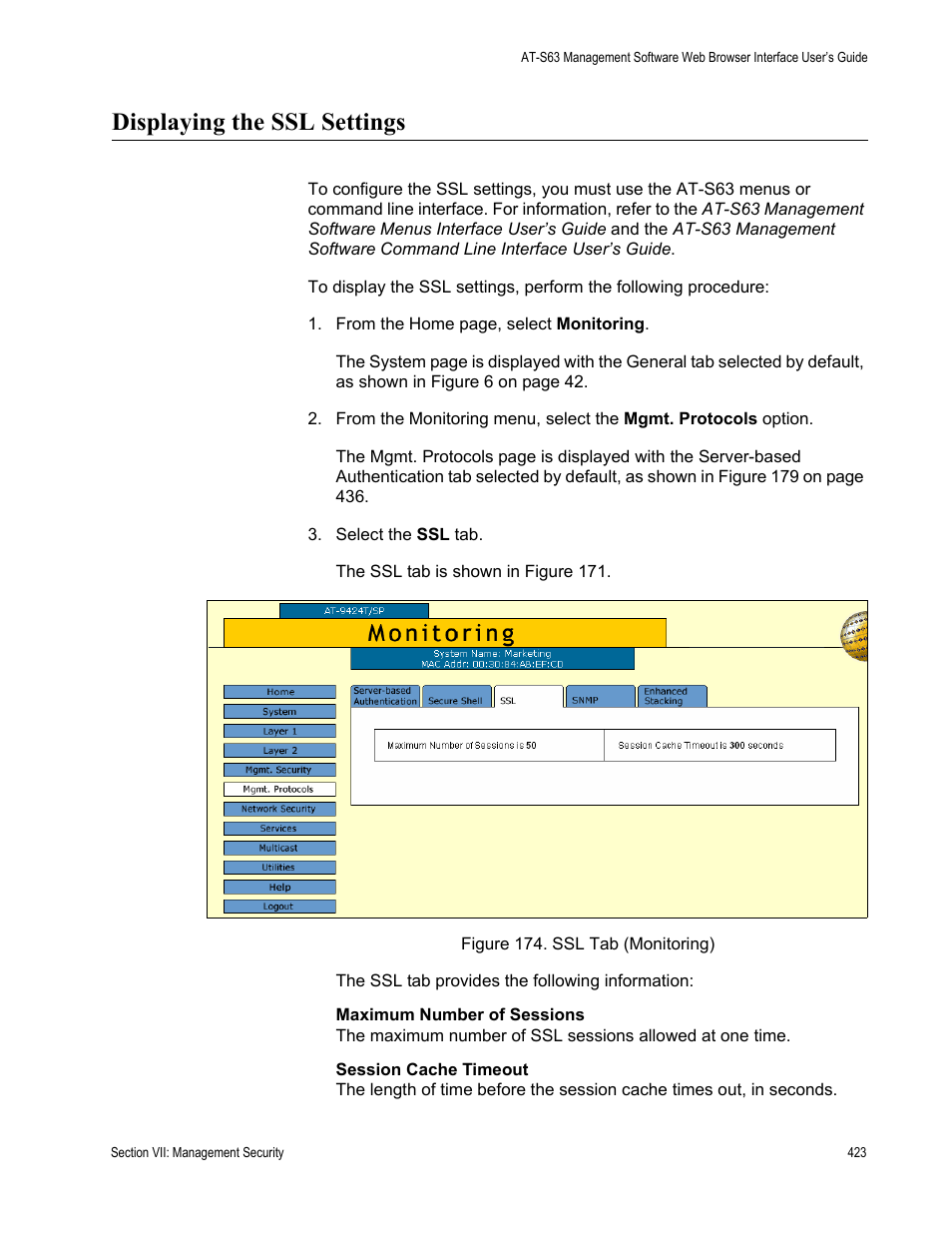 Displaying the ssl settings, Ssl tab (monitoring) | Allied Telesis AT-S63 User Manual | Page 423 / 456