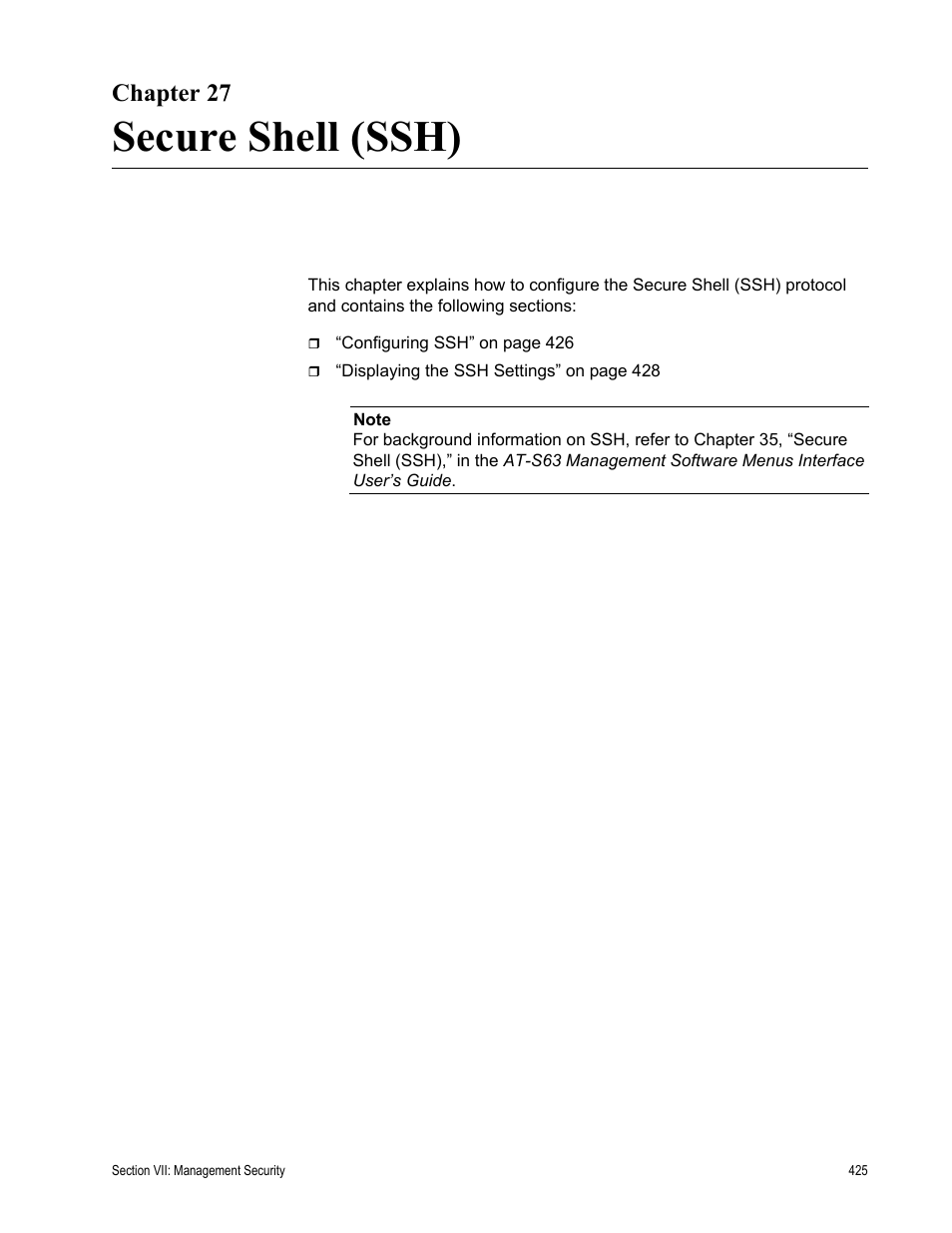 Chapter 27, Secure shell (ssh), Chapter 27: secure shell (ssh) | Allied Telesis AT-S63 User Manual | Page 425 / 456