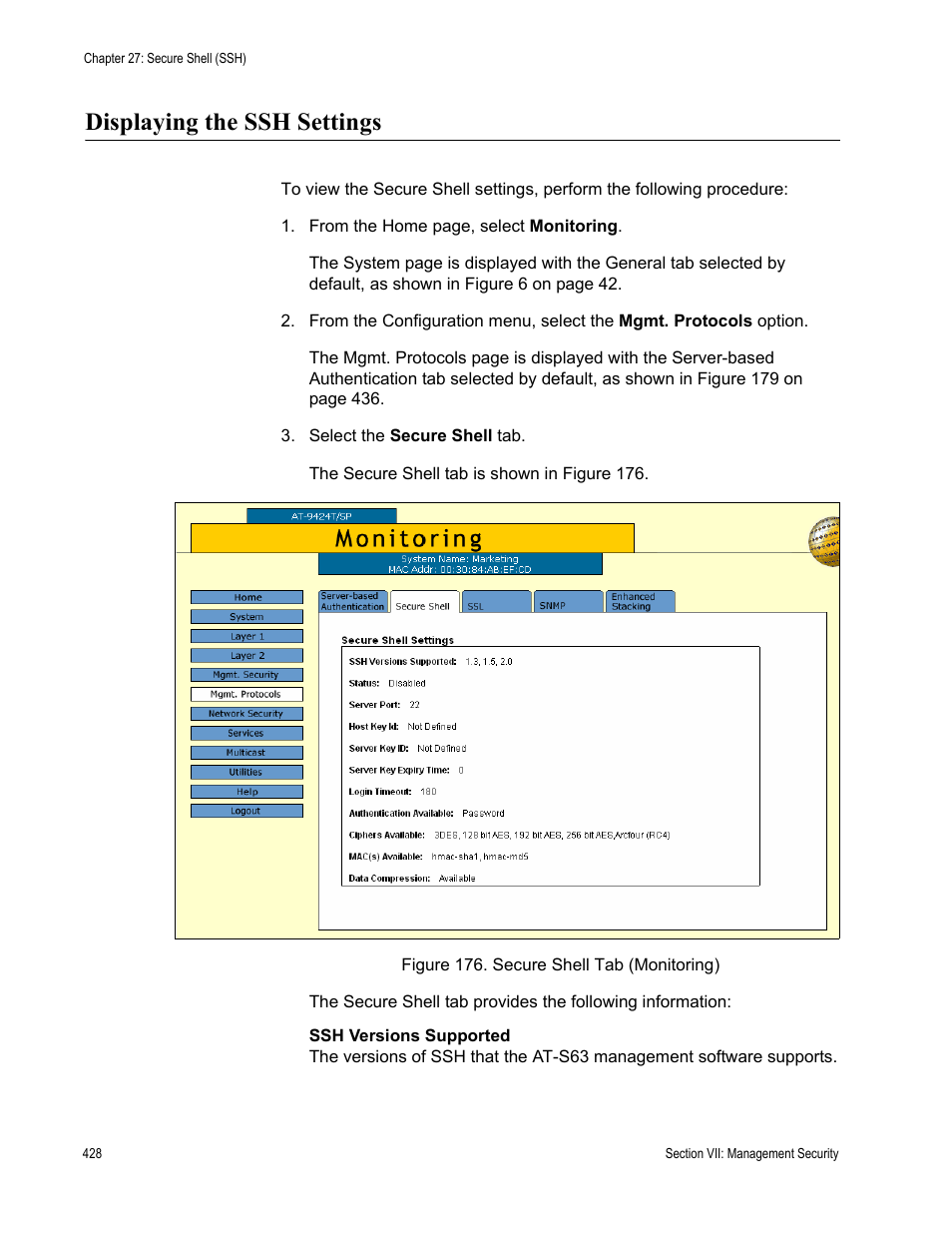 Displaying the ssh settings, Figure 176: secure shell tab (monitoring) | Allied Telesis AT-S63 User Manual | Page 428 / 456