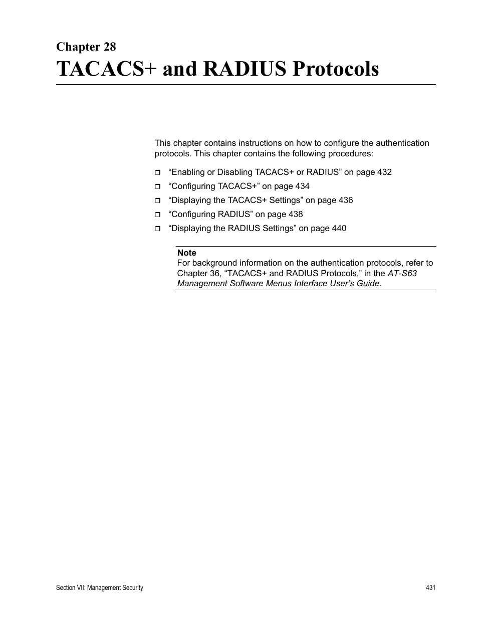 Chapter 28, Tacacs+ and radius protocols, Chapter 28: tacacs+ and radius protocols | Allied Telesis AT-S63 User Manual | Page 431 / 456