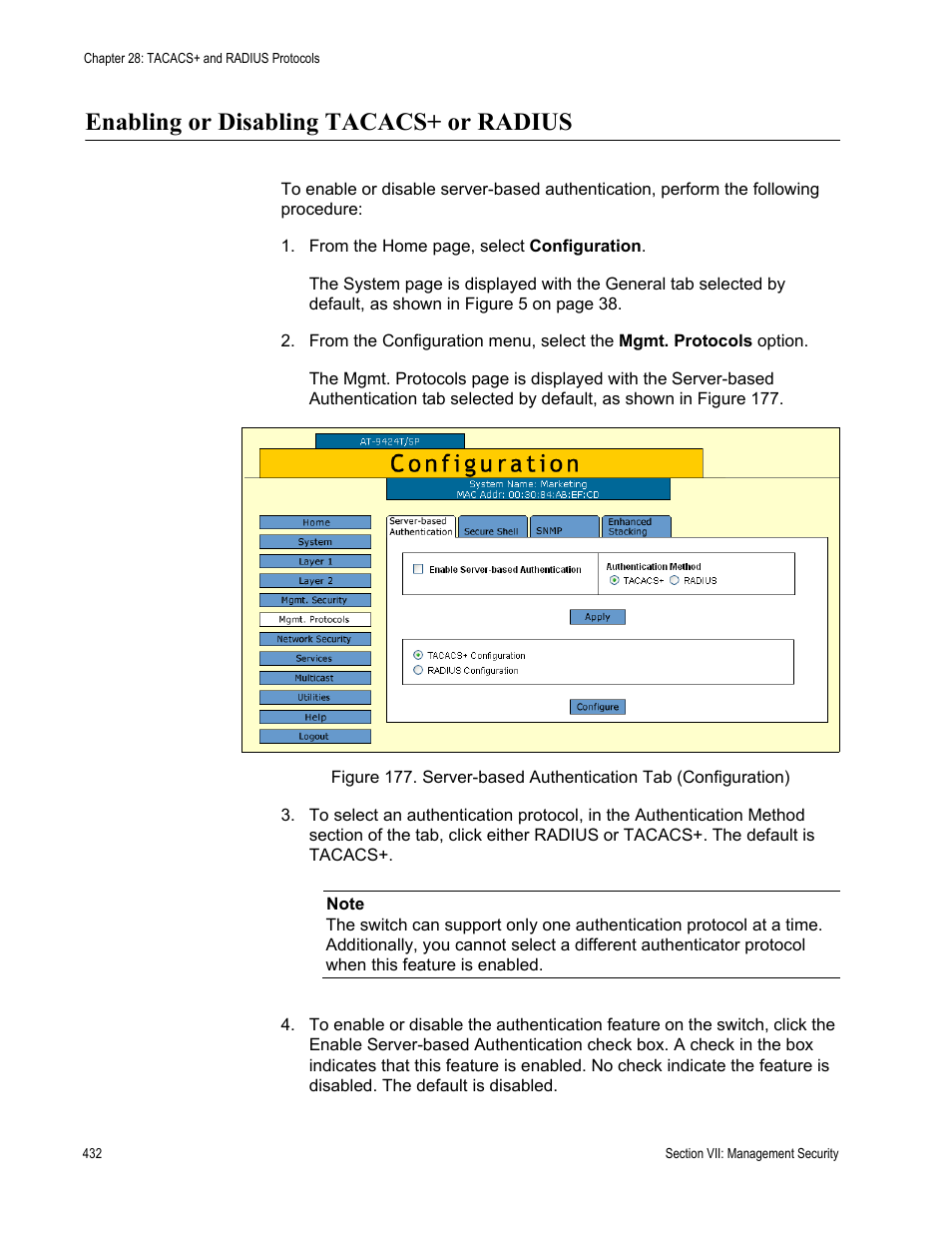 Enabling or disabling tacacs+ or radius | Allied Telesis AT-S63 User Manual | Page 432 / 456