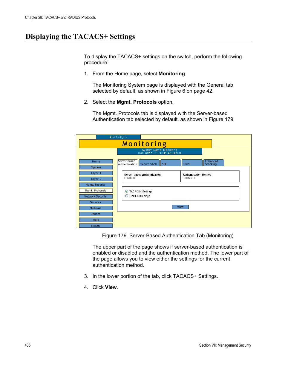 Displaying the tacacs+ settings | Allied Telesis AT-S63 User Manual | Page 436 / 456