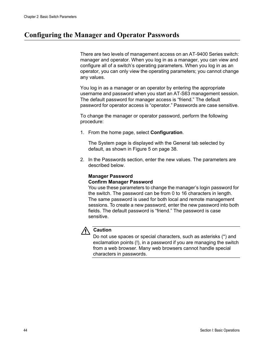 Configuring the manager and operator passwords | Allied Telesis AT-S63 User Manual | Page 44 / 456