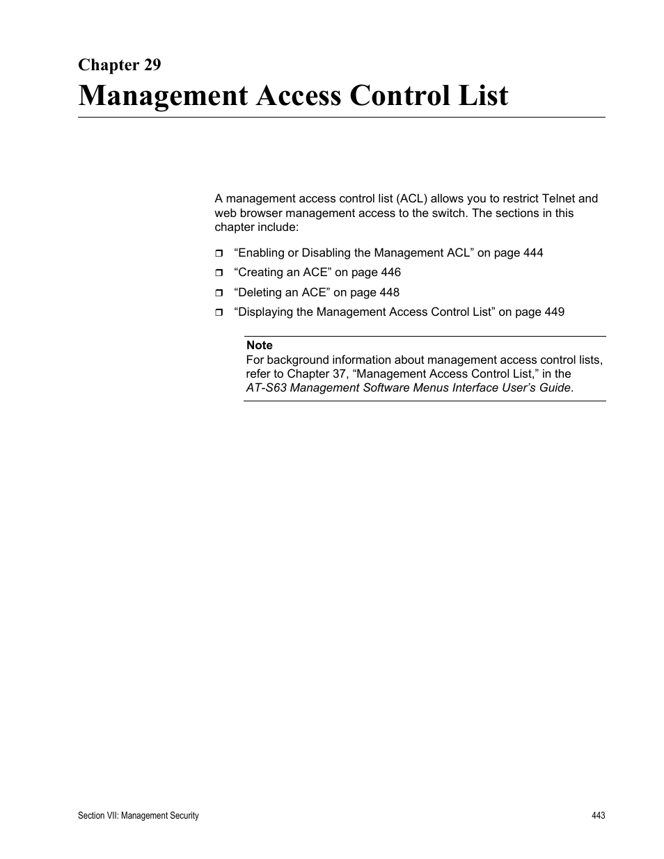 Chapter 29, Management access control list, Chapter 29: management access control list | Allied Telesis AT-S63 User Manual | Page 443 / 456