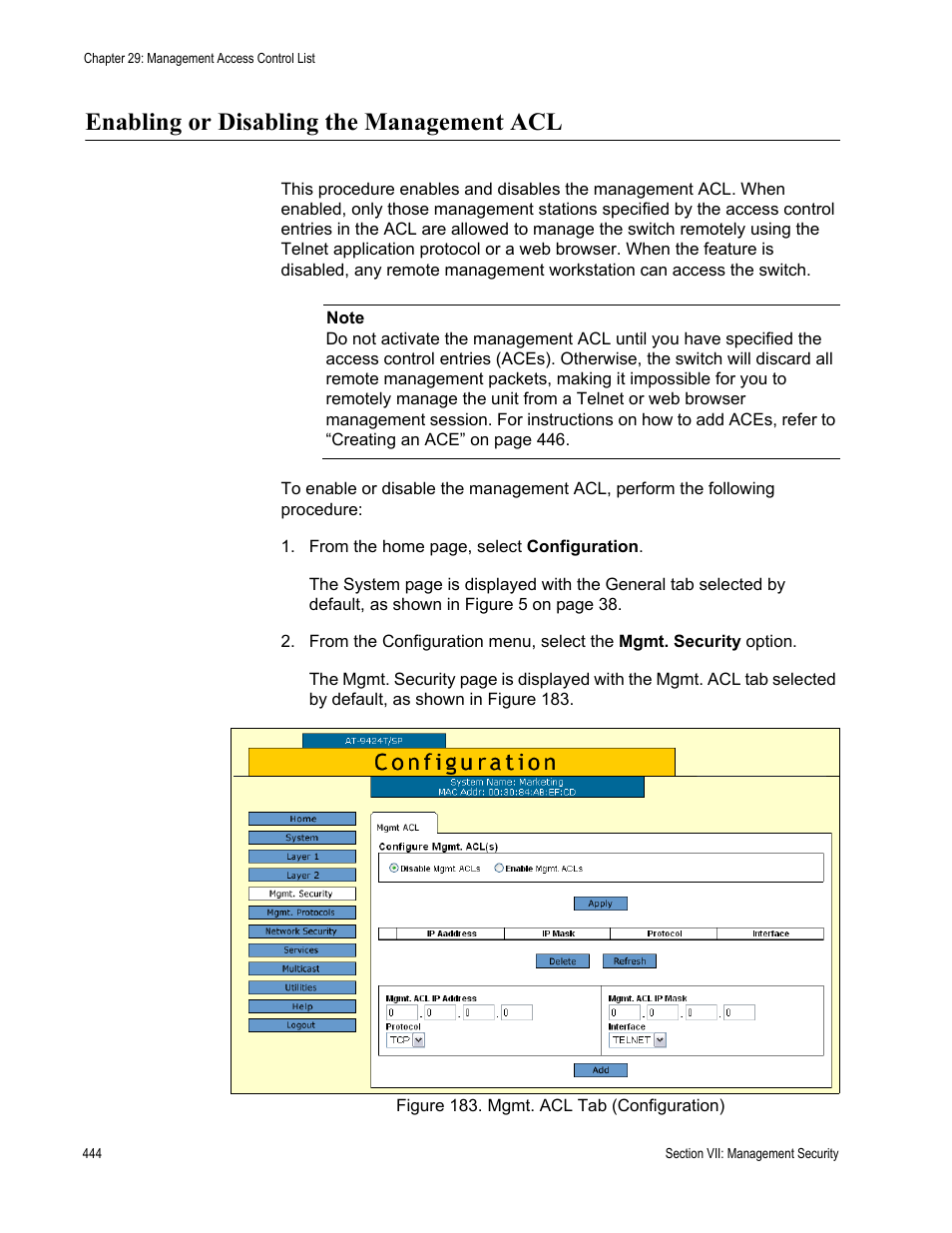 Enabling or disabling the management acl, Figure 183: mgmt. acl tab (configuration) | Allied Telesis AT-S63 User Manual | Page 444 / 456