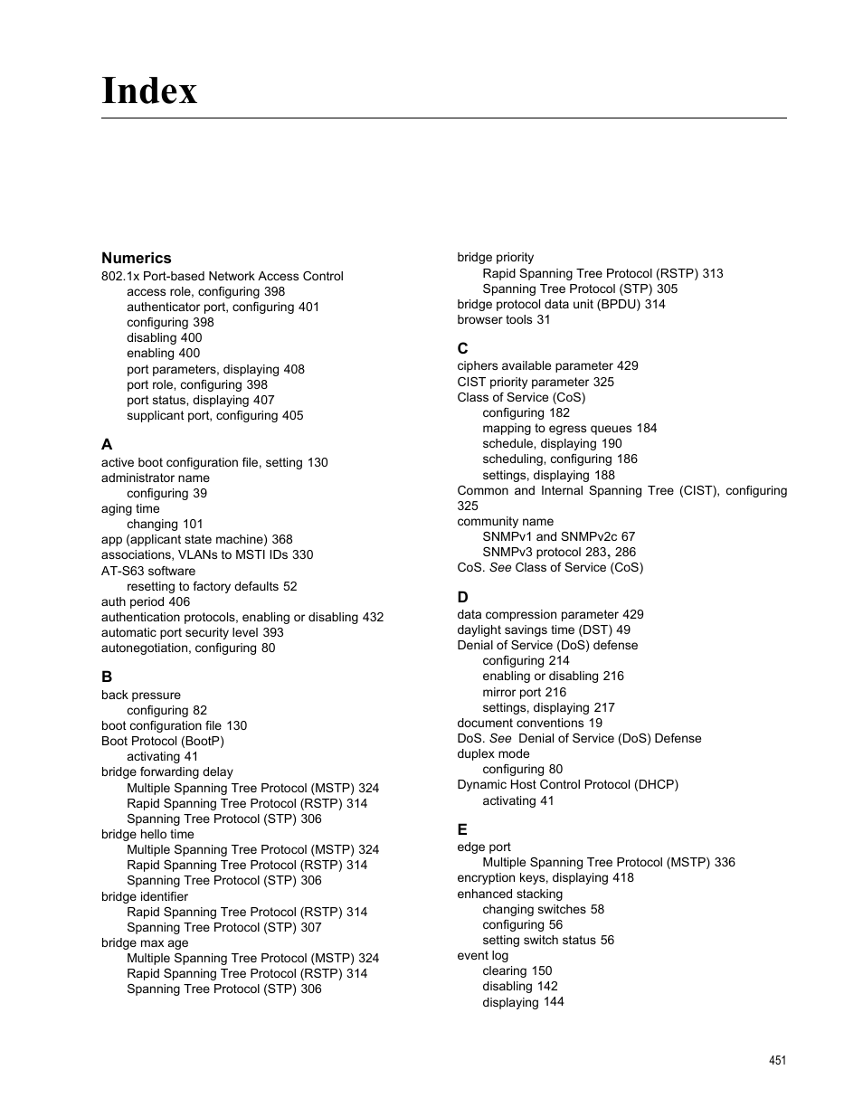 Index, Numerics | Allied Telesis AT-S63 User Manual | Page 451 / 456