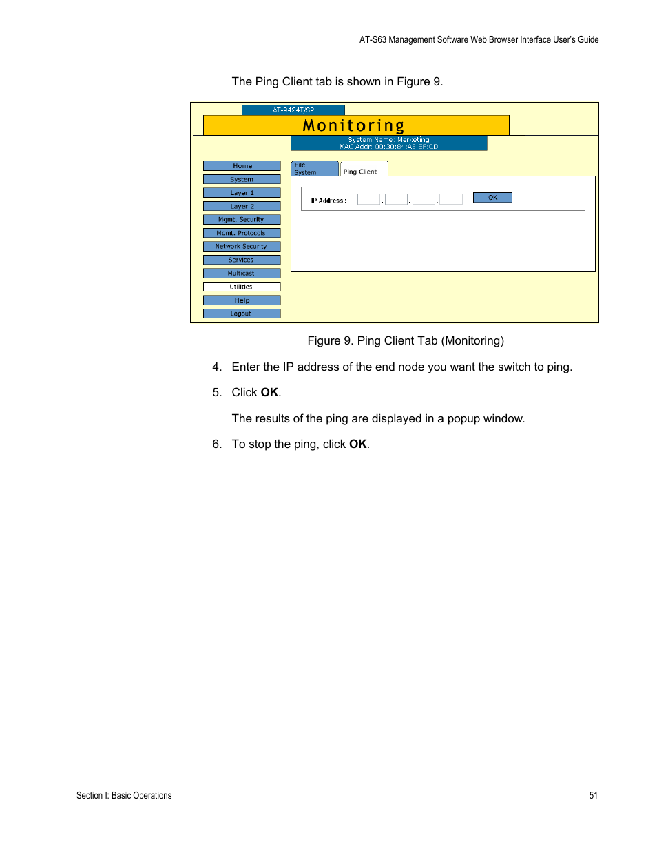 Figure 9: ping client tab (monitoring) | Allied Telesis AT-S63 User Manual | Page 51 / 456