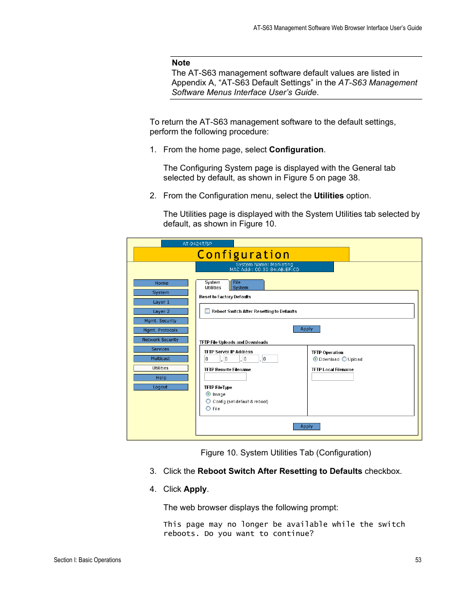 Figure 10: system utilities tab (configuration) | Allied Telesis AT-S63 User Manual | Page 53 / 456