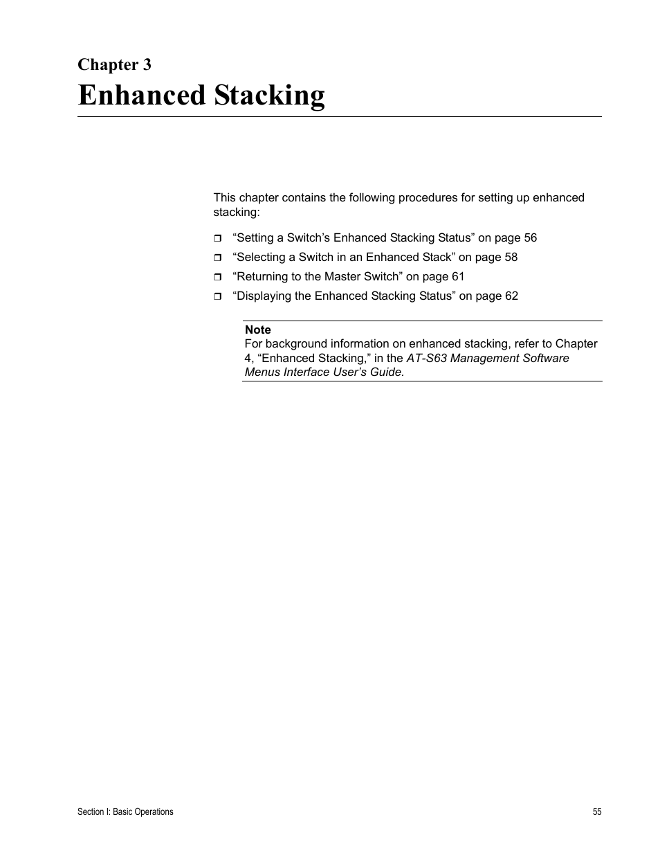 Chapter 3, Enhanced stacking, R 3: enhanced stacking | Chapter 3: enhanced stacking | Allied Telesis AT-S63 User Manual | Page 55 / 456