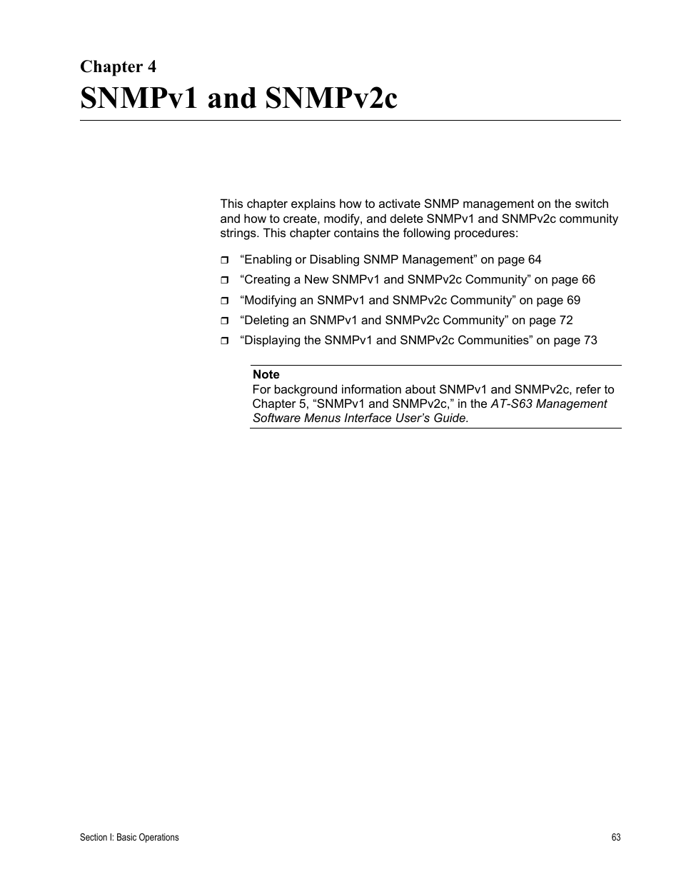 Chapter 4, Snmpv1 and snmpv2c, R 4: snmpv1 and snmpv2c | Chapter 4: snmpv1 and snmpv2c | Allied Telesis AT-S63 User Manual | Page 63 / 456