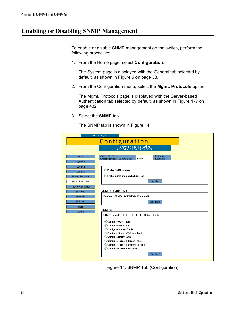 Enabling or disabling snmp management, Figure 14: snmp tab (configuration) | Allied Telesis AT-S63 User Manual | Page 64 / 456